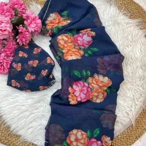 Fancy Blue Floral Printed Georgette Saree with Zardozi Hand Work