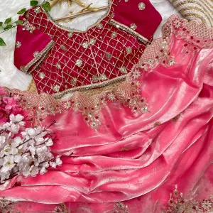 New Satin Silk Pink Heavy Embroidery Saree for Women