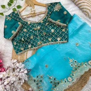 New Satin Silk Firozi Heavy Embroidery S...