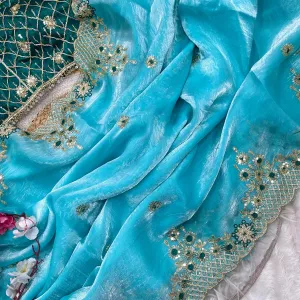 New Satin Silk Firozi Heavy Embroidery Saree for Women