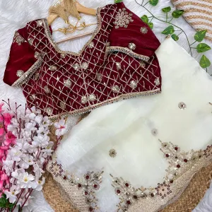 New Satin Silk White Heavy Embroidery Sa...