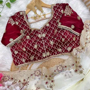 New Satin Silk White Heavy Embroidery Saree for Women