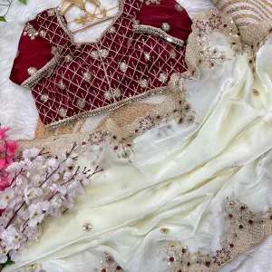 New Satin Silk White Heavy Embroidery Saree for Women