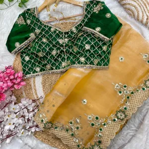New Satin Silk Yellow Heavy Embroidery Saree for Women