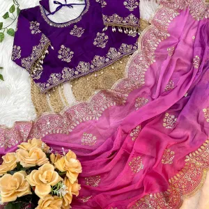 Ombre Pattern Pink Heavy Embroidery Saree for Women
