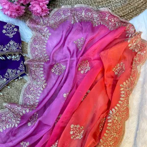 Ombre Pattern Red Heavy Embroidery Saree for Women