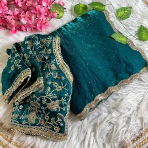 Teal Blue Satin Silk Saree with Fancy Di...