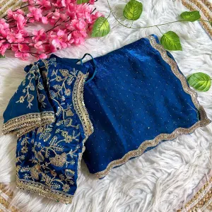 Blue Satin Silk Saree with Fancy Diamond...