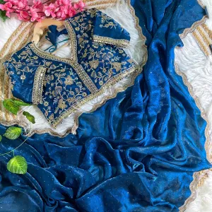 Blue Satin Silk Saree with Fancy Diamond Work Finish