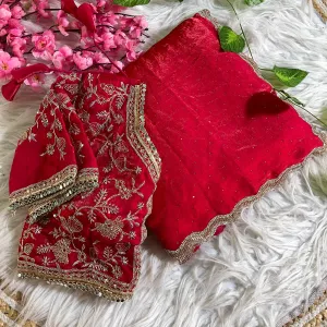 Red Satin Silk Saree with Fancy Diamond...