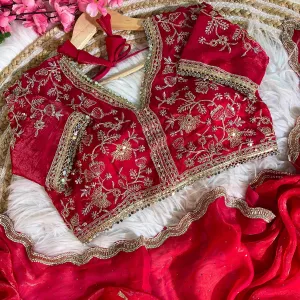Red Satin Silk Saree with Fancy Diamond Work Finish