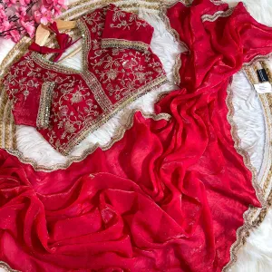 Red Satin Silk Saree with Fancy Diamond Work Finish