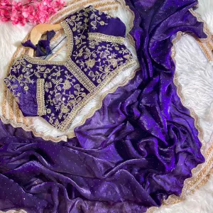 Purple Satin Silk Saree with Fancy Diamond Work Finish