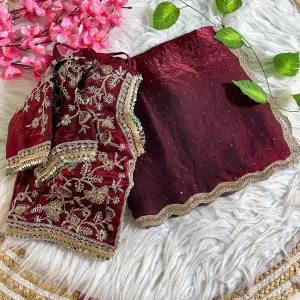 Maroon Satin Silk Saree with Fancy Diamo...
