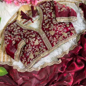 Maroon Satin Silk Saree with Fancy Diamond Work Finish