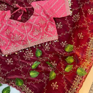 Pure Jimmi Choo Silk Maroon Saree Heavy Embroidery for Women