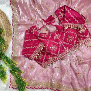 Pure Jimmi Choo Silk Pink Saree Heavy Embroidery for Women