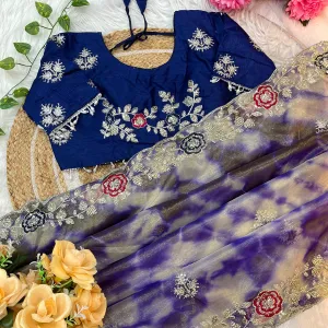 Designer Abstract Printed Blue Twile Net Saree Festival Wear