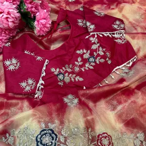 Designer Abstract Printed Red Twile Net Saree Festival Wear