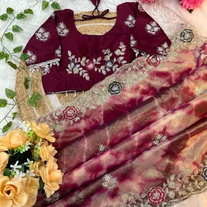 Designer Abstract Printed Maroon Twile Net Saree Festival Wear