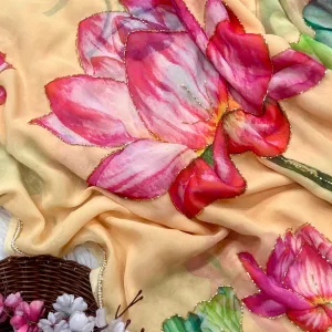 Georgette Floral Printed Saree with Cut Dana Hand Work