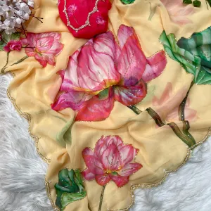 Georgette Floral Printed Saree with Cut Dana Hand Work