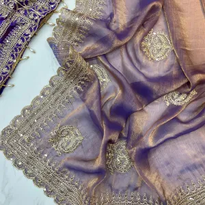 Blue Ton-to-Ton Chiffon Silk Saree Heavy Embroidery for Women