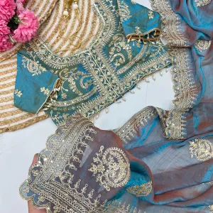 Ton To Ton Sky Blue Chiffon Silk Heavy Embroidery Saree For Women