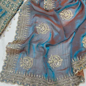 Ton To Ton Sky Blue Chiffon Silk Heavy Embroidery Saree For Women