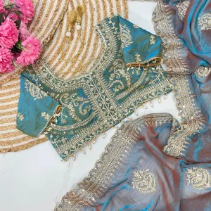Ton To Ton Sky Blue Chiffon Silk Heavy Embroidery Saree For Women