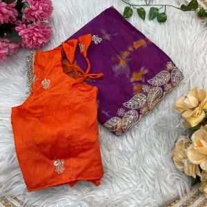 Digital Printed Purple Chiffon Silk Sare...