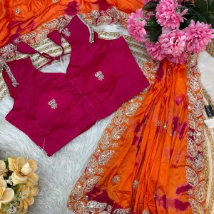 Digital Printed Orange Chiffon Silk Saree for Women