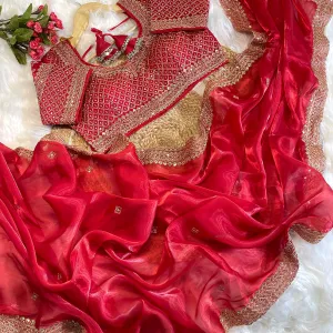 Trendy Jimmi Choo Red Saree Heavy Embroidery for Women
