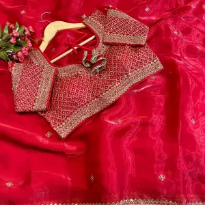 Trendy Jimmi Choo Red Saree Heavy Embroidery for Women