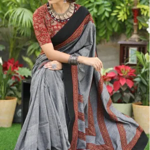 Elegant Pure Cotton Ajrak Saree Traditional Grey with Black Border