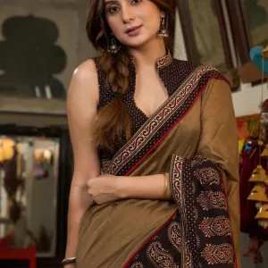 Handcrafted Pure Cotton Ajrak Saree Earthy Brown with Black Border