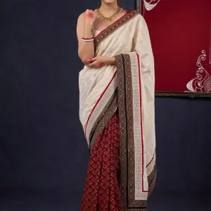 Off White & Maroon Pure Cotton Ajrak Saree with Embroidered Pallu