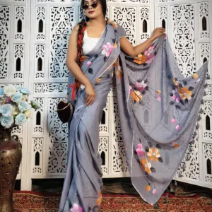 Pure Mul Cotton Hand Painted Floral Saree with Handcrafted Art