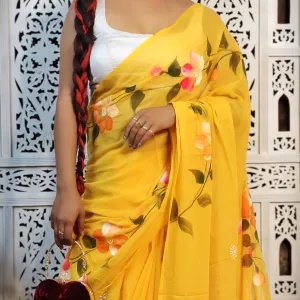 Pure Mul Cotton Hand Painted Floral Sare...