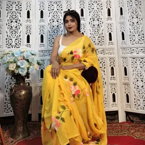 Pure Mul Cotton Hand Painted Floral Saree for Casual Wear Yellow