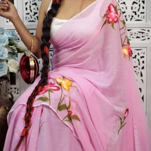 Pure Mul Cotton Hand Painted Floral Sare...