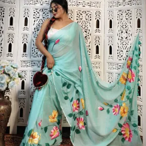 Pure Mul Cotton Hand Painted Floral Saree in Elegant Design
