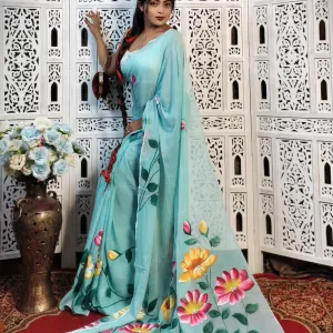Pure Mul Cotton Hand Painted Floral Saree in Elegant Design
