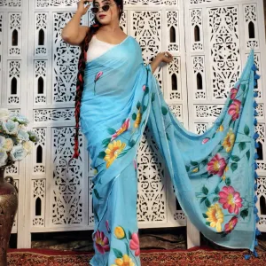 Pure Mul Cotton Hand Painted Floral Sare...
