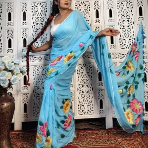 Pure Mul Cotton Hand Painted Floral Saree with Soft Pastel Art