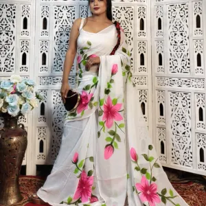 Pure Mul Cotton Hand Painted Floral Sare...