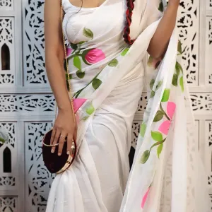 Pure Mul Cotton Hand Painted Floral Saree for Daily Wear