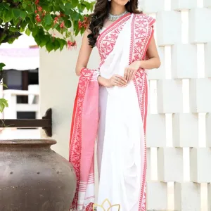 Festive Khadi Cotton Saree in White & Pi...