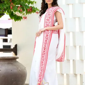 Festive Khadi Cotton Saree in White & Pink Woven Border
