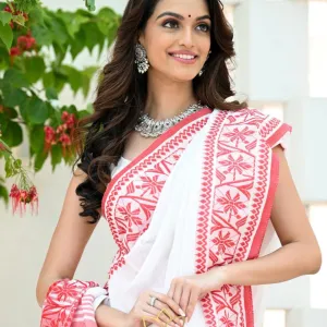 Festive Khadi Cotton Saree in White & Pink Woven Border